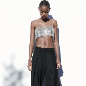Zara Rhinestone Fringe Crop Top - Silver Size M